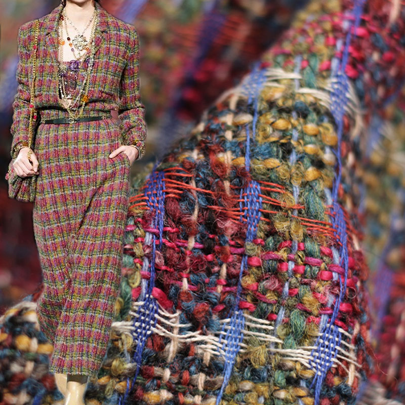 Sewing Tweed Fabric - Red/Green Lattice Wool Yarn-Dyed Braided Tweed