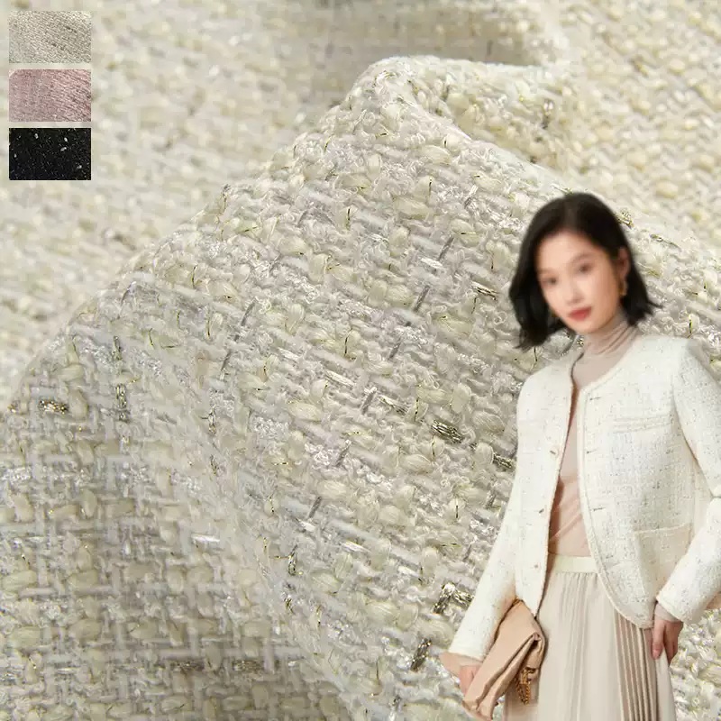 Beige Color and Gold Wire Yarn - đánh giá và giá Sewing Tweed Fabric